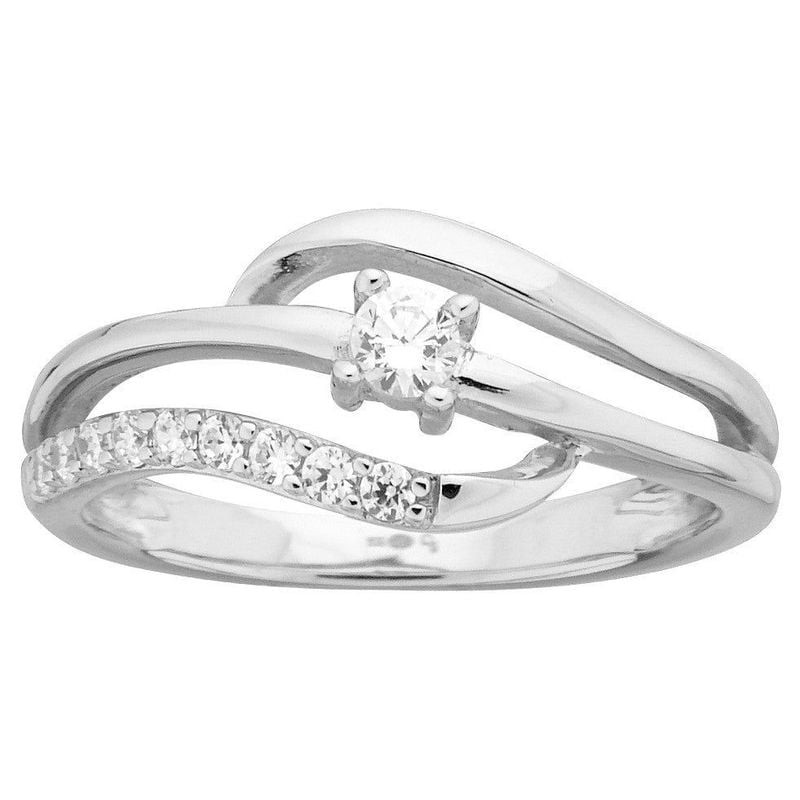 Bague en argent à trois vagues, oxyde de zirconium blanc central de 3 mm serti à griffes et pierres 