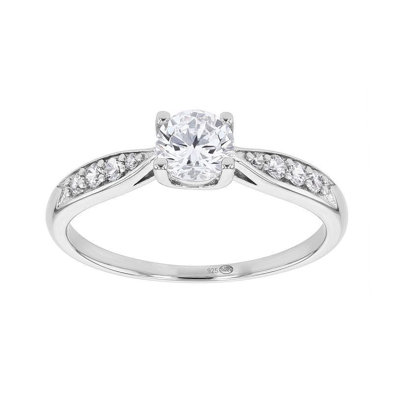 Vue de face de la bague solitaire Phebus en argent 925 avec oxyde de zirconium blanc rond de 5 mm et