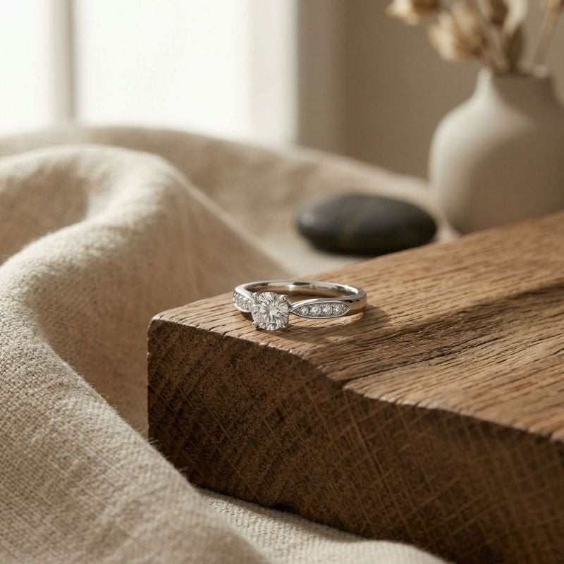 Bague solitaire Phebus en oxyde de zirconium posée sur bois rustique et lin, lumière naturelle douce