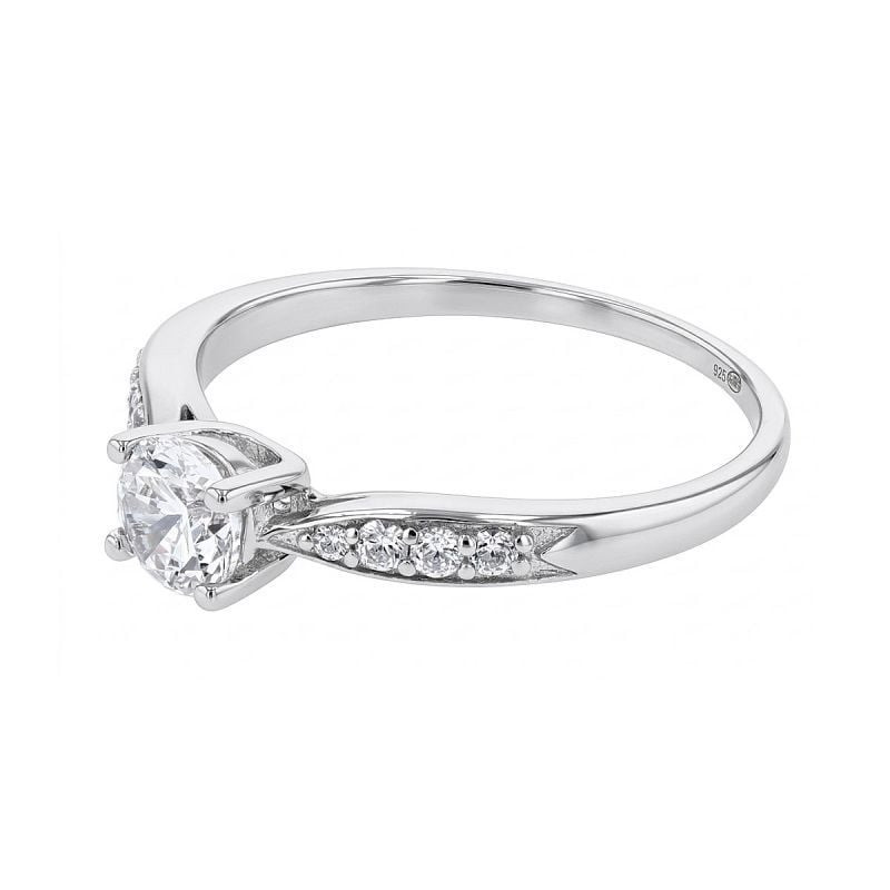 Vue de profil de la bague solitaire Phebus en argent 925 rhodié, zirconia serti à 4 griffes et annea