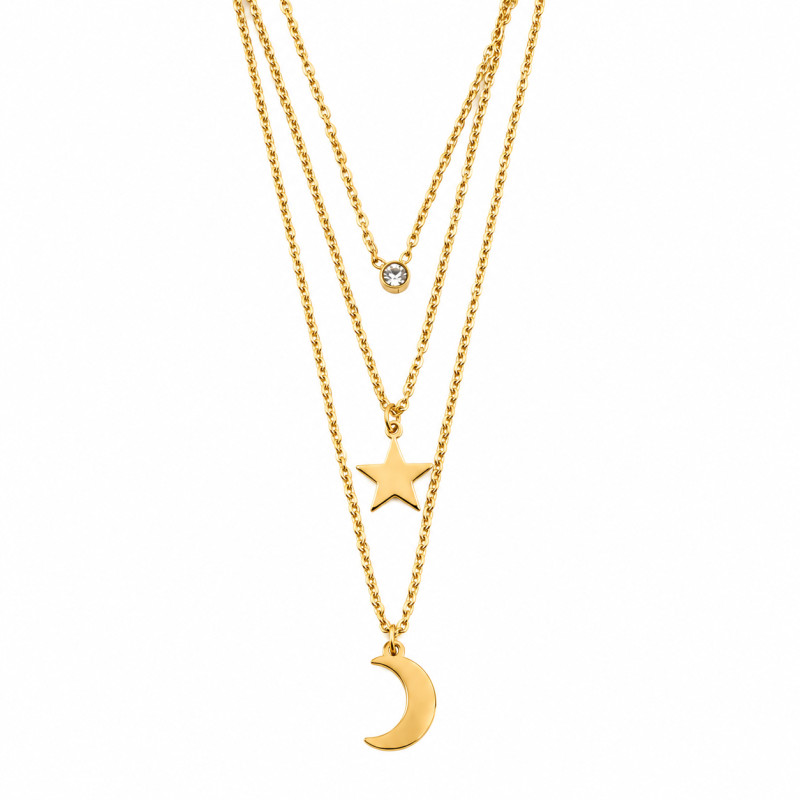 Collier Amporelle Triples chaînes Lune et Etoile Acier doré