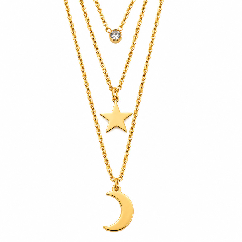 Collier Amporelle Triples chaînes Lune et Etoile Acier doré