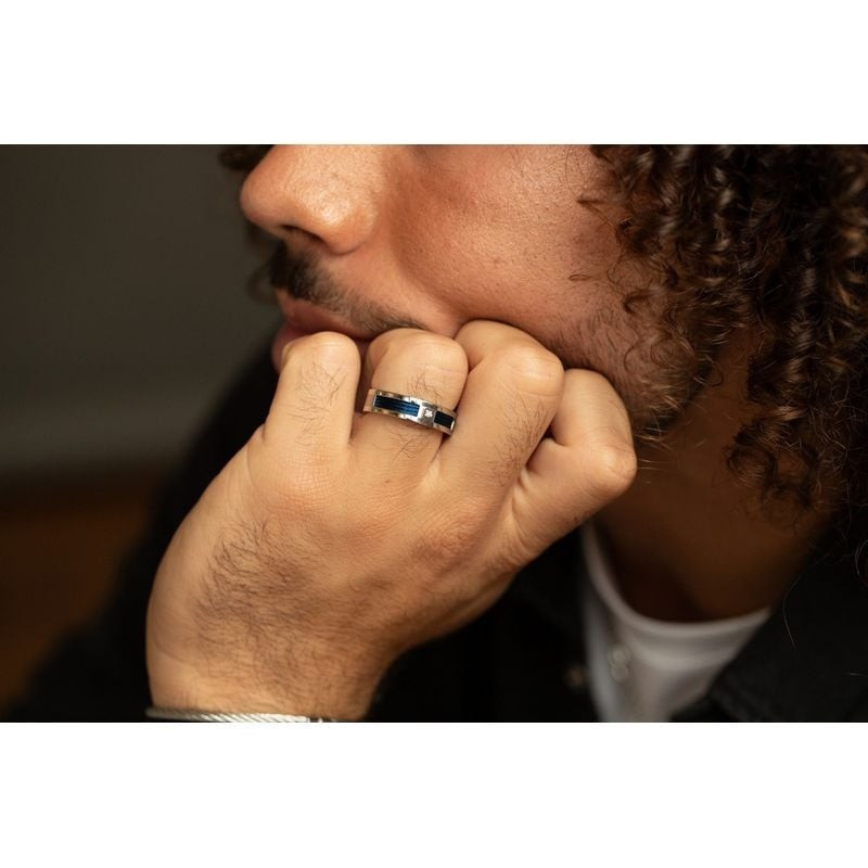 Bague Phebus en acier argenté, câbles bleus et diamant