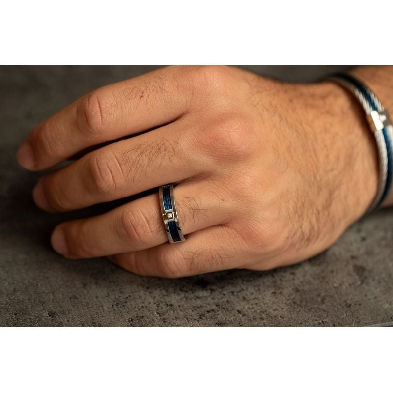 Bague Phebus en acier argenté, câbles bleus et diamant