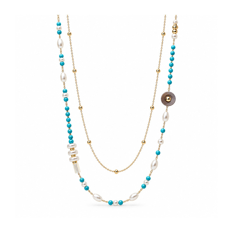 Collier Amporelle Acier Doré Perles blanche et bleu