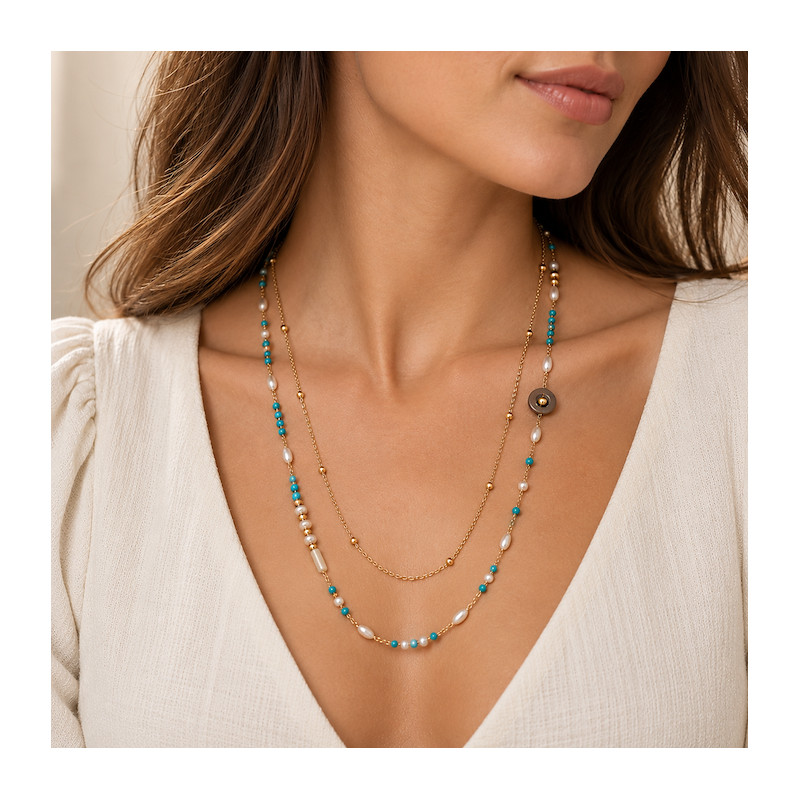 Collier Amporelle Acier Doré Perles blanche et bleu
