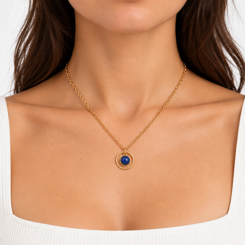 Collier Amporelle Acier Doré Lapis Lazuli