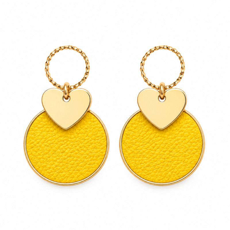 Boucles d'oreilles Pendantes Cécile Léonard Créa Coeur Cuir Jaune Doré
