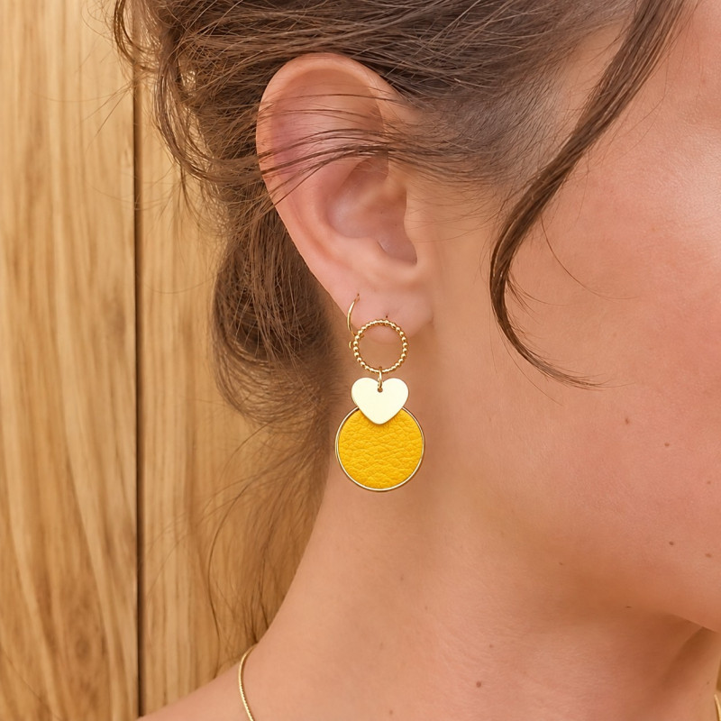 Boucles d'oreilles Pendantes Cécile Léonard Créa Coeur Cuir Jaune Doré
