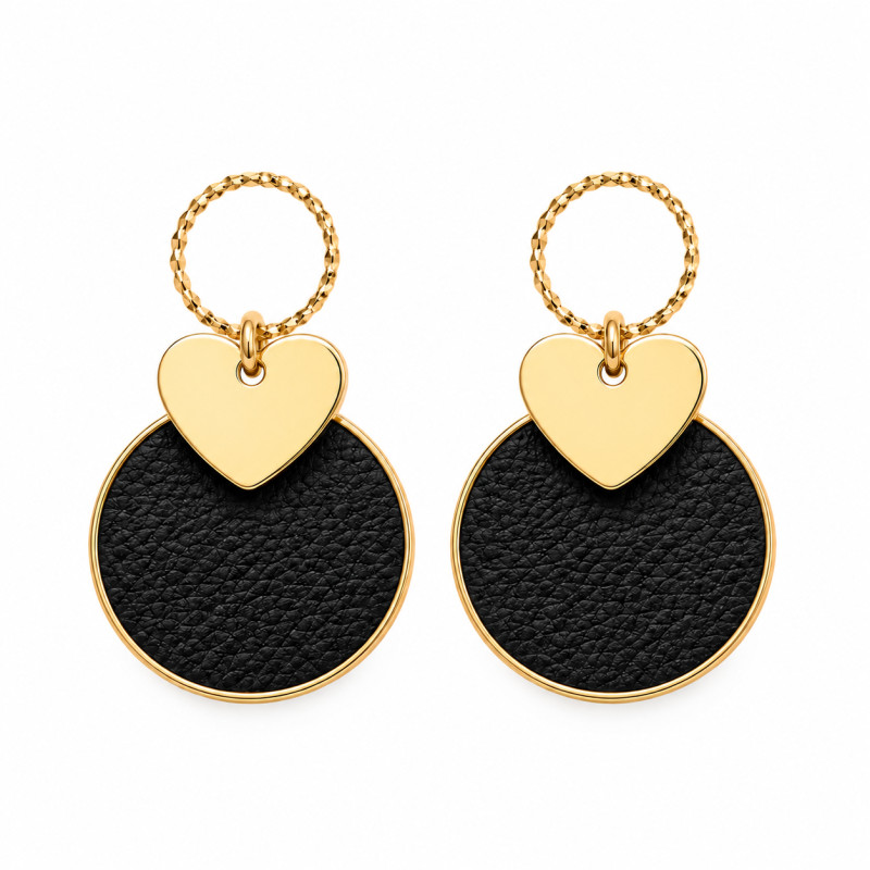 Boucles d'oreilles Pendantes Cécile Léonard Crea Coeur Cuir Noir Doré