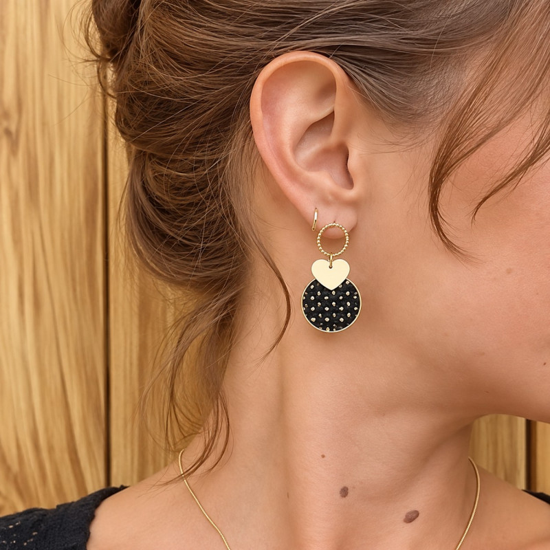 Boucles d'oreilles Pendantes Cécile Léonard Crea Coeur Cuir Noir Doré