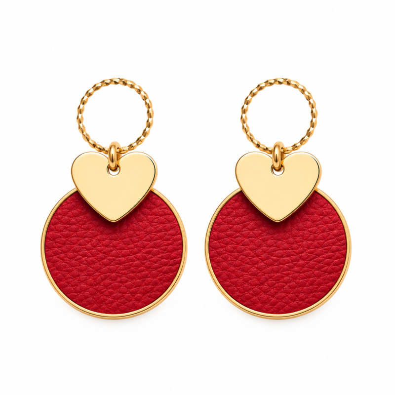 Boucles d'Oreilles Clous Cécile Léonard Crea Coeur Pampilles Cuir Rouge Doré
