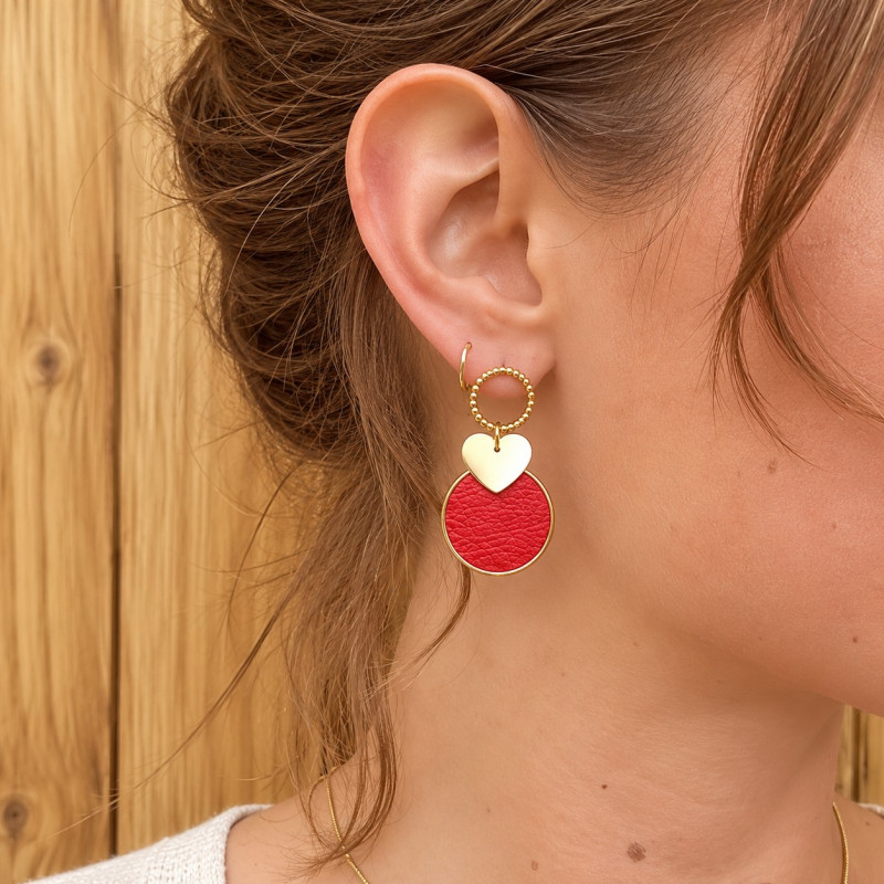 Boucles d'Oreilles Clous Cécile Léonard Crea Coeur Pampilles Cuir Rouge Doré