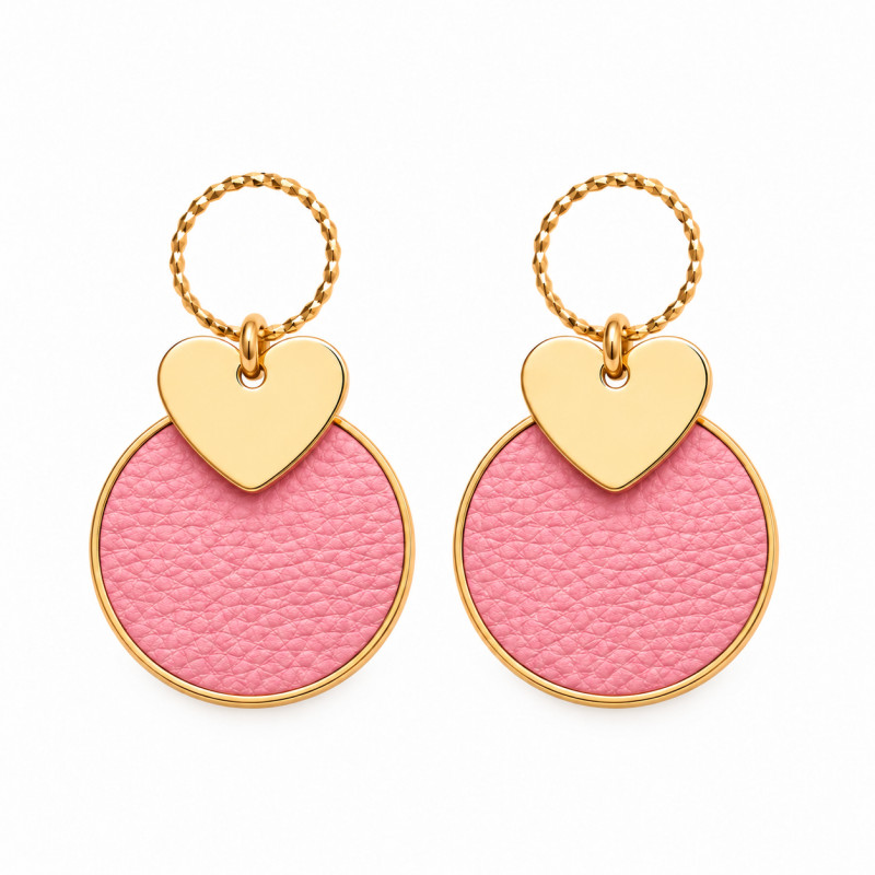 Boucles d'oreilles Pendantes Cécile Léonard Créa Coeur Cuir Rose Acier Doré