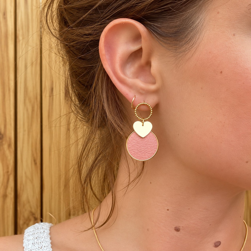 Boucles d'oreilles Pendantes Cécile Léonard Créa Coeur Cuir Rose Acier Doré