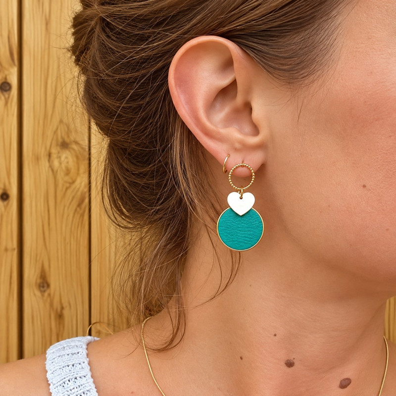 Boucles d'Oreilles Pendantes Cécile Léonard Créa Coeur Cuir Vert Doré