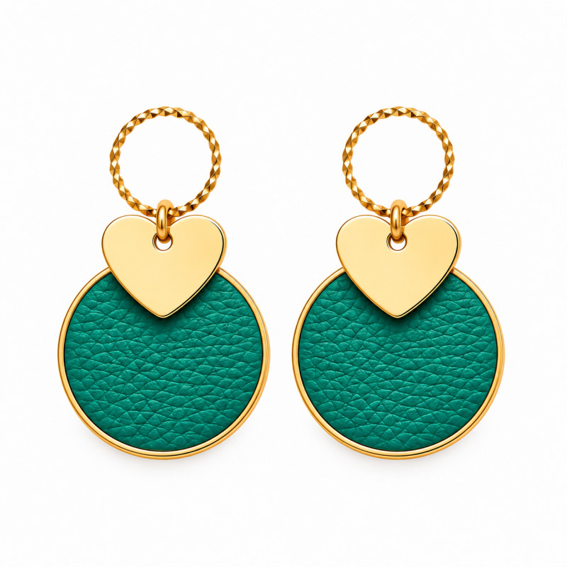 Boucles d'Oreilles Pendantes Cécile Léonard Créa Coeur Cuir Vert Doré