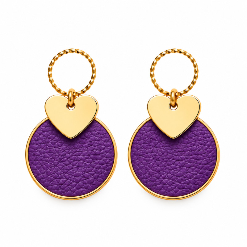 Boucles d'Oreilles Pendantes Cécile Léonard Créa Cœur Cuir Violet Pampilles Dorées