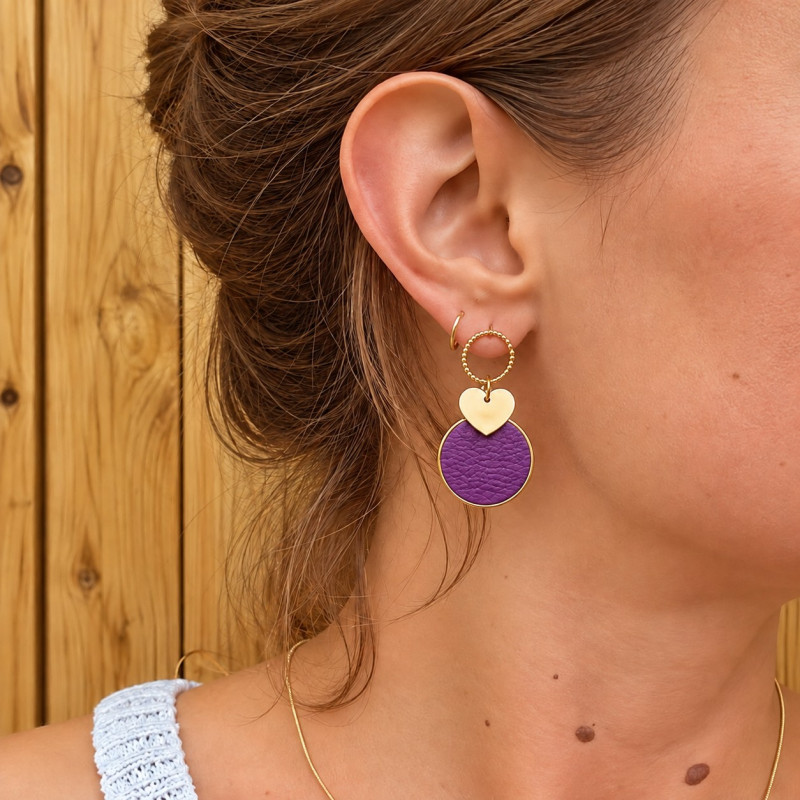Boucles d'Oreilles Pendantes Cécile Léonard Créa Cœur Cuir Violet Pampilles Dorées