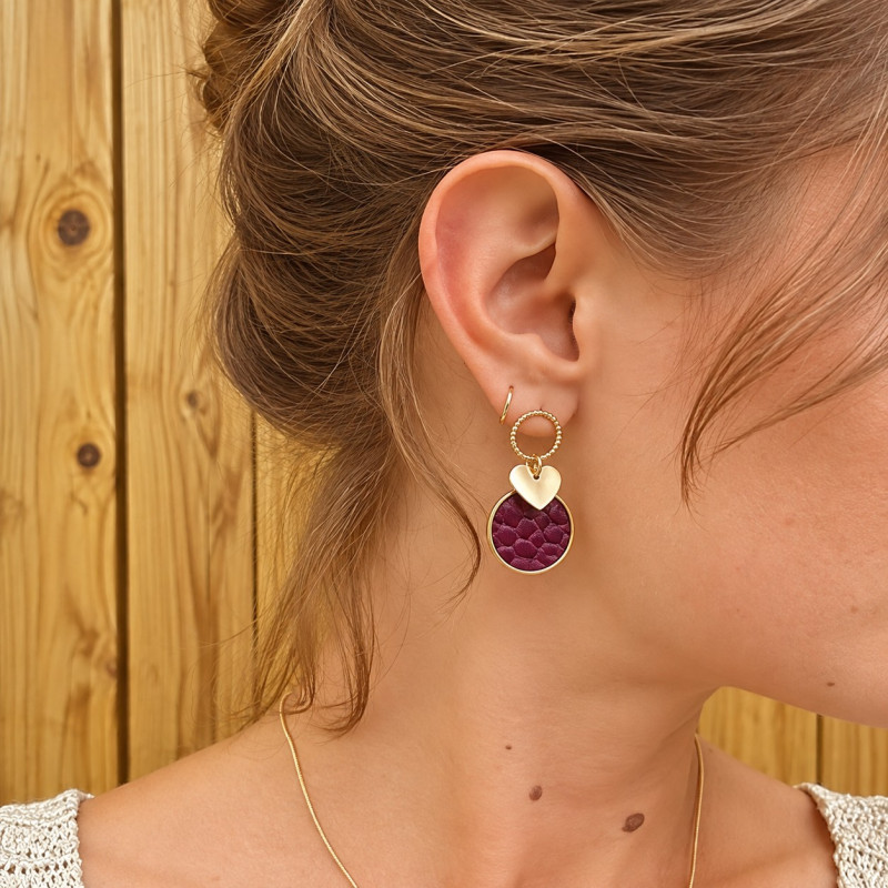 Boucles d'oreilles Pendantes Cécile Léonard Créa Coeur Cuir Bordeaux