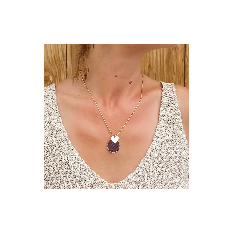 Collier Cécile Léonard Créa Cœur Pampilles Cuir Bordeaux et Acier Doré