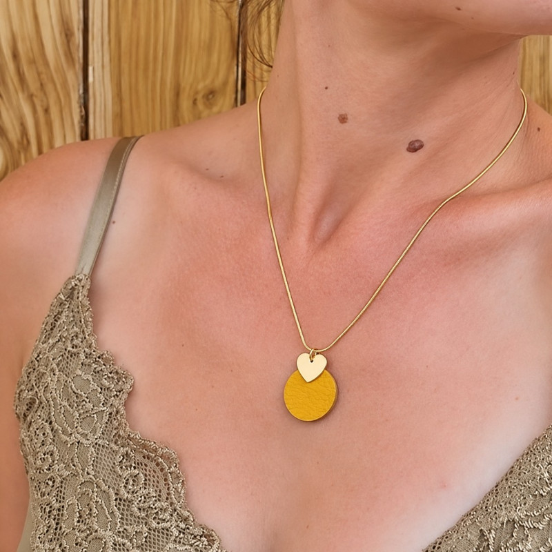 Collier Cécile Léonard Créa Cœur Pampilles Dorées Cuir Jaune