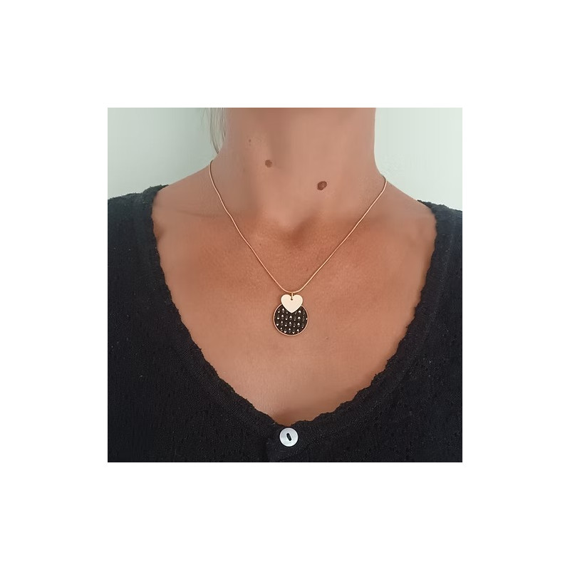 Collier Cécile Léonard Créa Cœur Pampilles Doré Cuir Noir