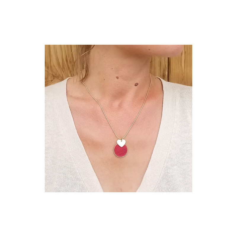 Collier Cécile Léonard Crea Cœur Cuir Rouge Pampilles Doré