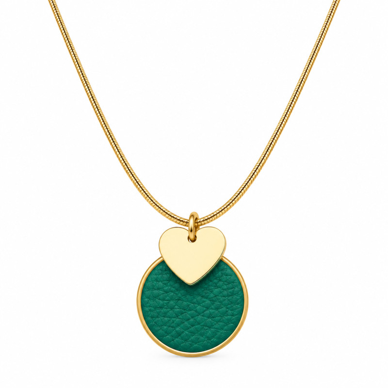Collier Cécile Léonard Crea Cœur Pampilles Doré Cuir Vert sapin