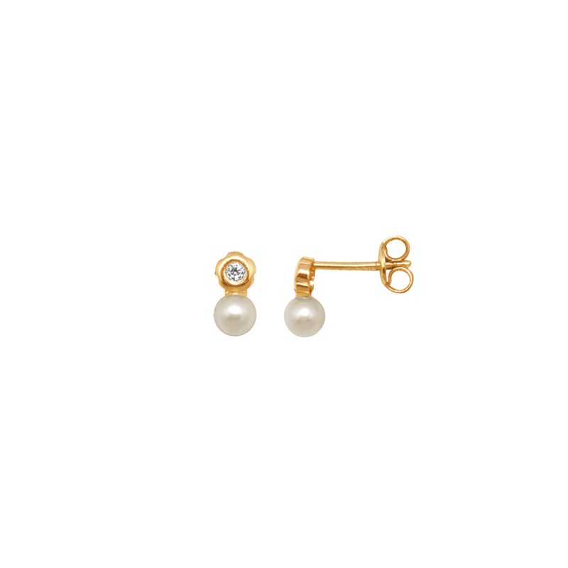 Boucles d'oreilles Carador petite fleur or jaune 375/000, oxyde de zirconium et perle blanche