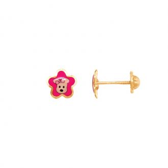 Boucles d'oreilles Carador fleur laqué rose avec motif petit chien en or 375/000