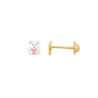 Boucles d'oreilles Carador ourson or jaune 375/000 et laque rose et blanche