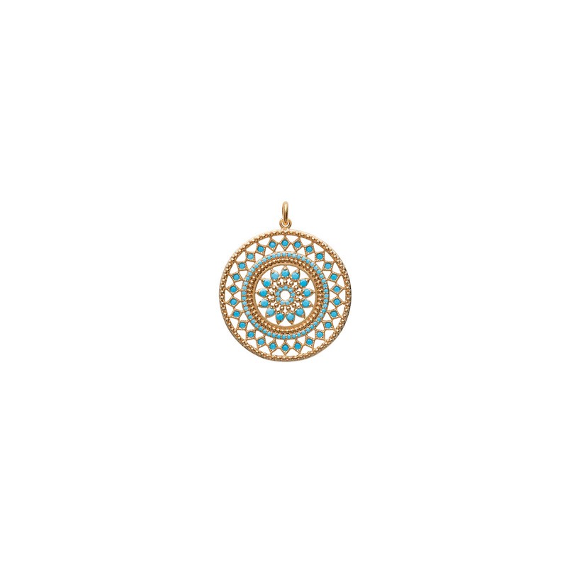 Pendentif Carador collection Ethnique plaqué or et turquoise,diamètre 30 mm