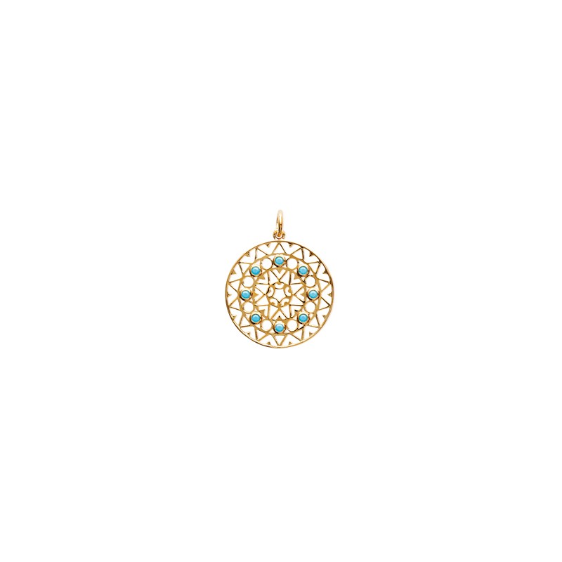 Pendentif Carador collection Ethnique plaqué or et turquoise,diamètre 27 mm