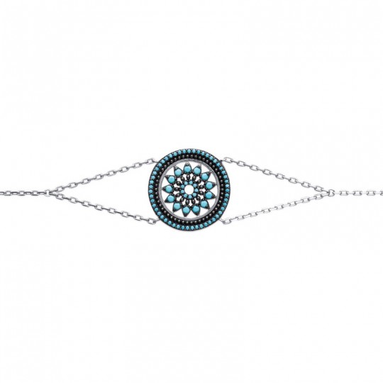 Grand Bracelet Mexicain En Argent 925 Et Turquoises - Longueur Ajustable - Occasion Bon état D'usage