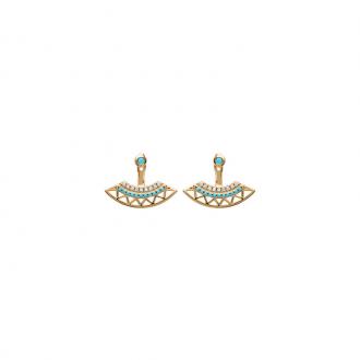 Boucles d'oreilles Carador contour de lobes motif ethnique en plaqué or, turquoises et zircons