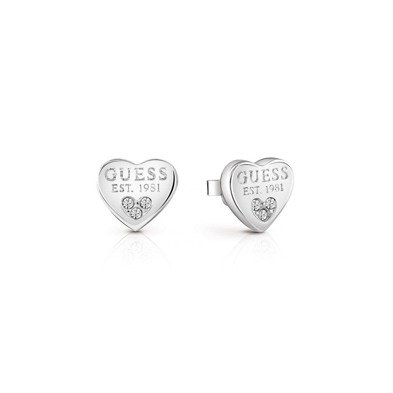 Boucles d'oreilles Guess petits cœur gravés métal argenté et cristaux UBE82082