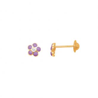 Boucles d'oreilles Carador petite fleur en or jaune 375/000, laque violet et oxyde de zirconium