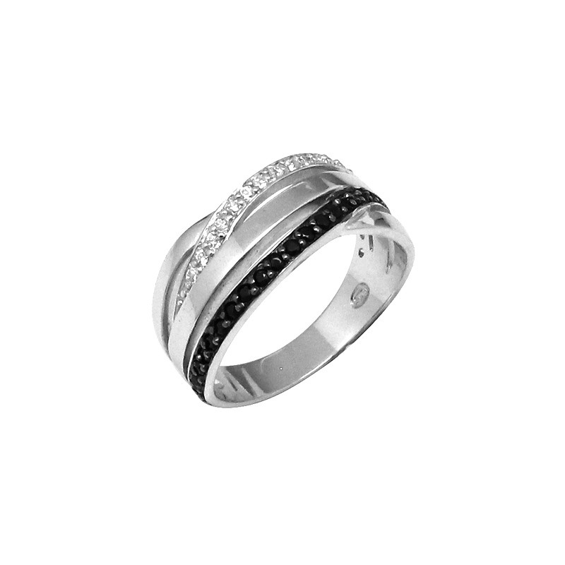 Bague Carador multirangs croisés empierrés d'oxydes de zirconium noirs et blancs, argent 925/000