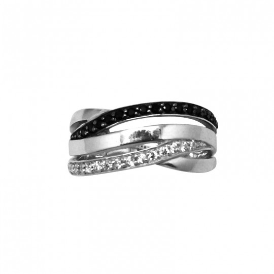 Bague En Argent Massif Avec Zirconiums Noirs & Blancs - Taille 54, Occasion