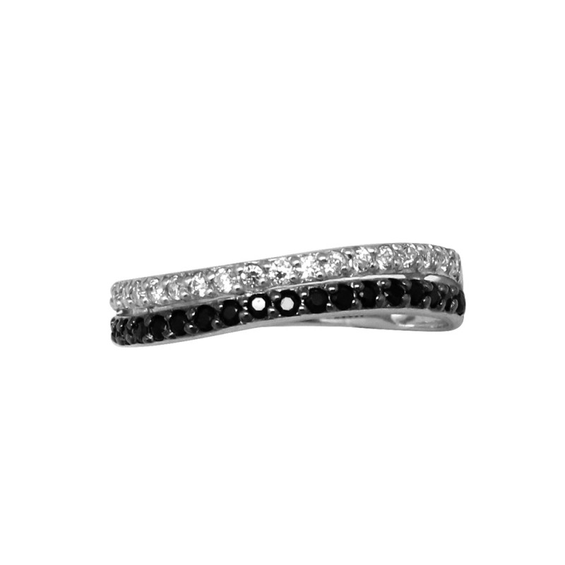 Bague Carador double rangs sertis d'oxydes de zirconium noirs et blancs argent 925/000