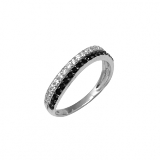 Bague Carador vague double rangs sertis d'oxydes de zirconium noirs et blancs argent 925/000