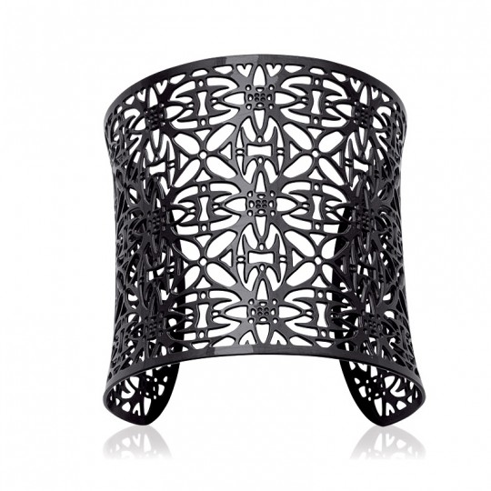 Bracelet Manchette Jonc Ouvert Dentelle - Acier Inoxydable Ruthénium Noir - Neuf Avec étiquettes