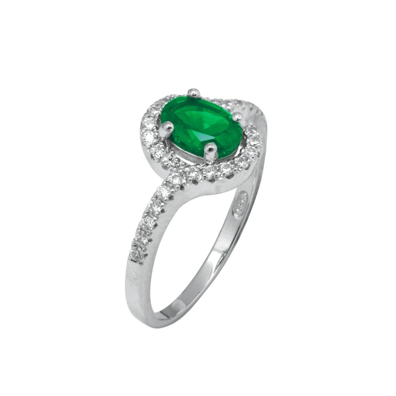 Bague Carador argent 925/000, oxydes de zirconium et pierre ovale verte