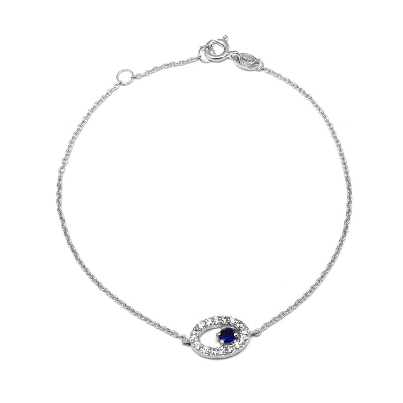 Bracelet Carador chaine et oval empierré d'oxydes de zirconium et pierre bleue en argent 925/000