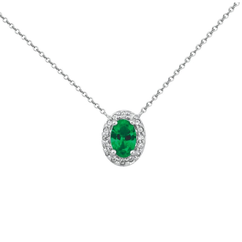 Collier Carador chaine et pendentif joaillerie ovale argent 925/000, zircons et verre vert