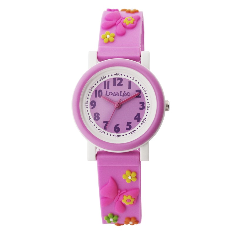 Montre fille Lou&Léo papillon et fleur plastique rose P100207-C5