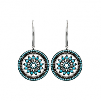 Boucles d'oreilles Carador pendantes soleil aztèque argent 925/000 et turquoises