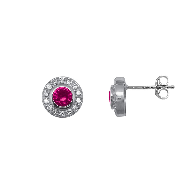 Boucles d'oreilles Carador joaillerie rondes argent 925/000, oxydes de zirconium et pierre rouge