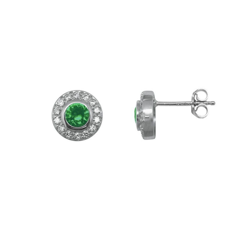 Boucles d'oreilles Carador joaillerie rondes argent 925/000, oxydes de zirconium et verre vert